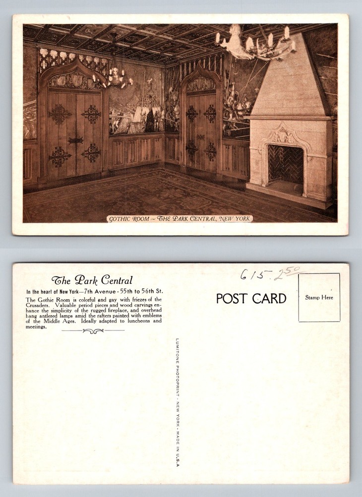 New York City NY, Park Central Hotel Gothic Room Medieval Vintage Postcard