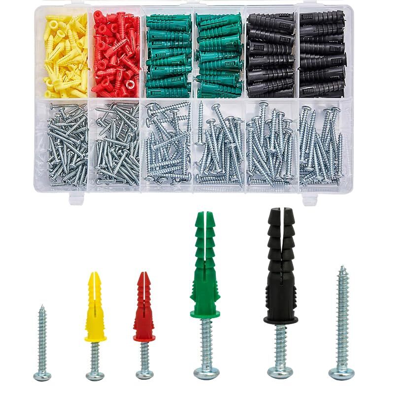 Plastic Drywall Anchors and Screws Kit with Ribbed Anchors Assortment