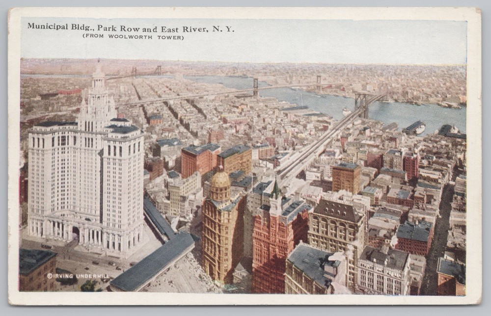 New York~Municipal Bldg Park Row & East River From Woolworth Tower~Vintage PC