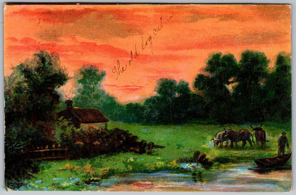 Antique Postcard Old Log Cabin Landscape 1910s