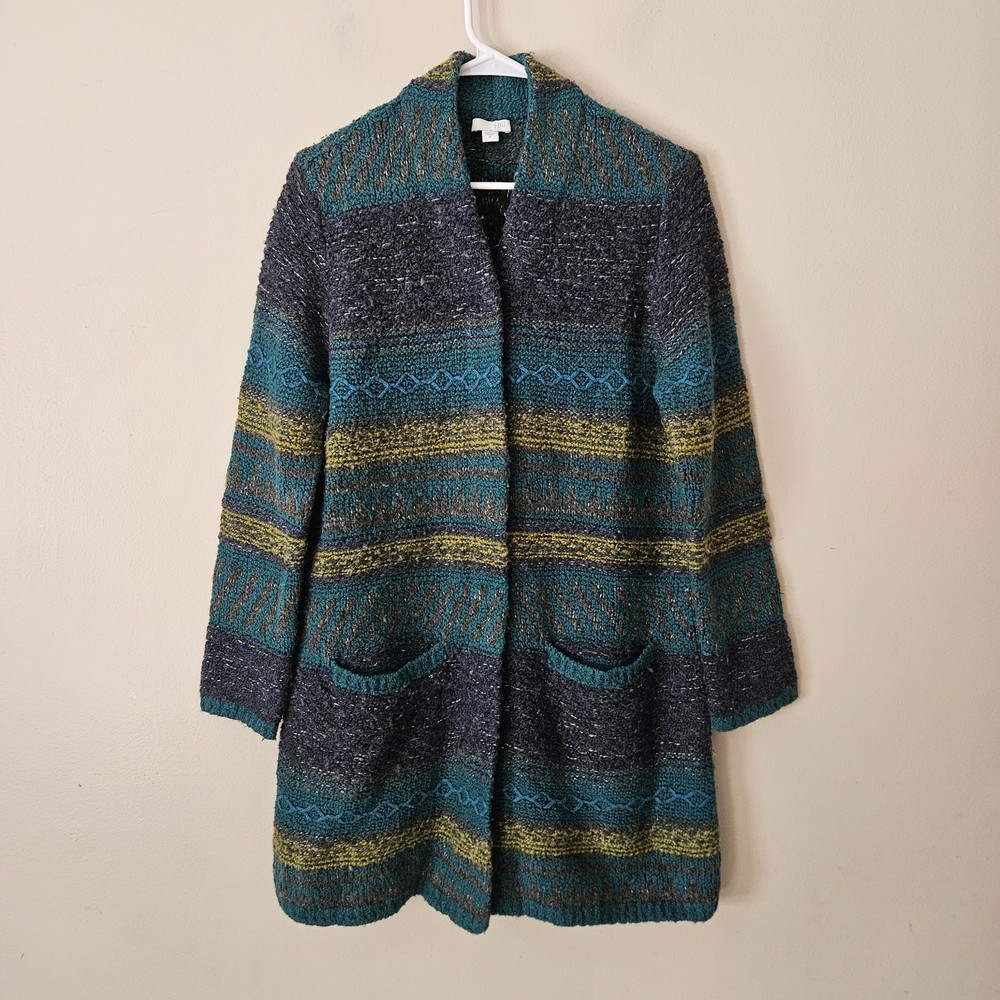 J. Jill Cardigan Womens Medium Wool Blend Sweater Open Front Blue Green Striped