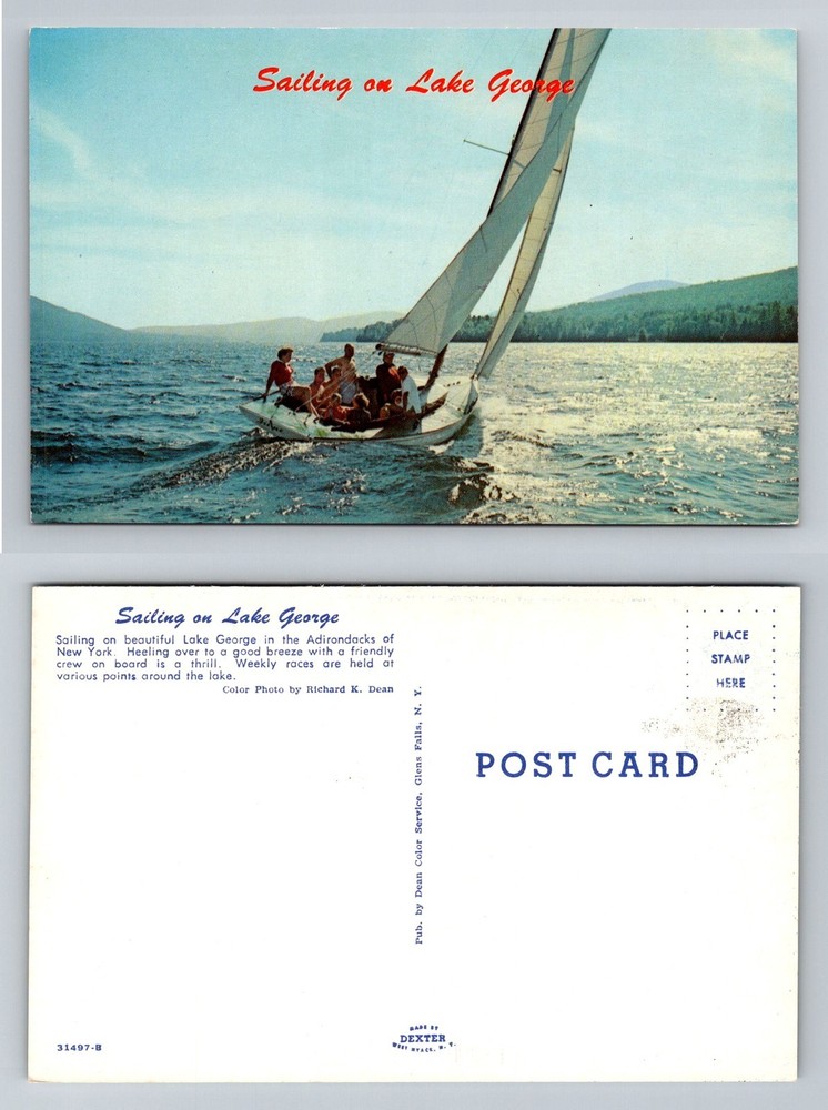 Lake George NY-New York Adirondacks Sailing Boat Heeling Breeze Vintage Postcard