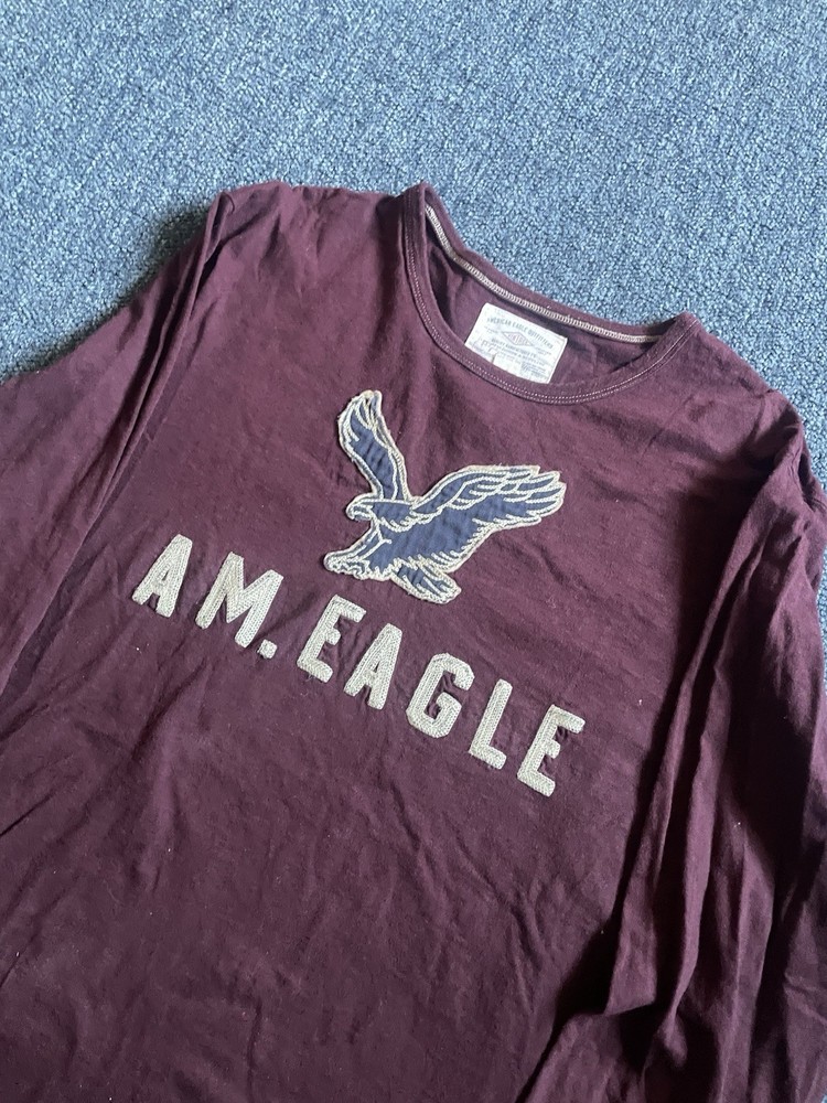 Y2K American Eagle Outfitters Mens Logo Long Sleeve Burgundy Shirt Size 2XL