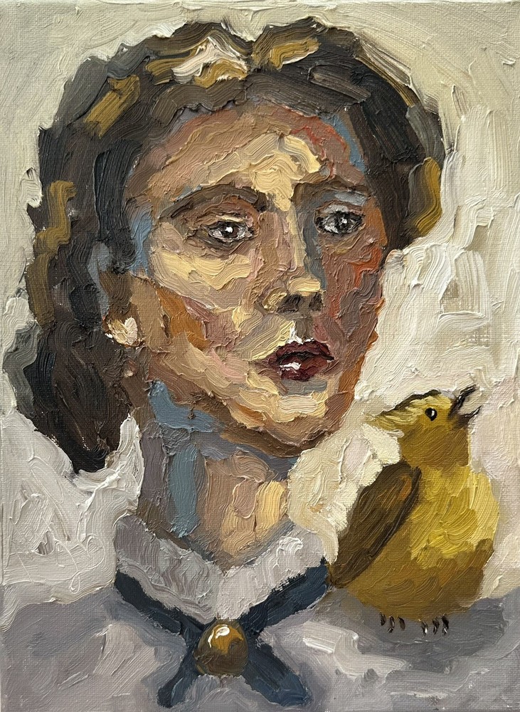 Original Abstract Oil Painting Woman with Bird Portrait Art-image