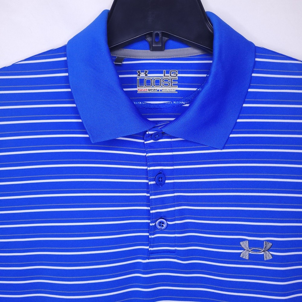 Under Armour Polo Shirt Mens Large Striped Blue White Performance Loose HeatGear