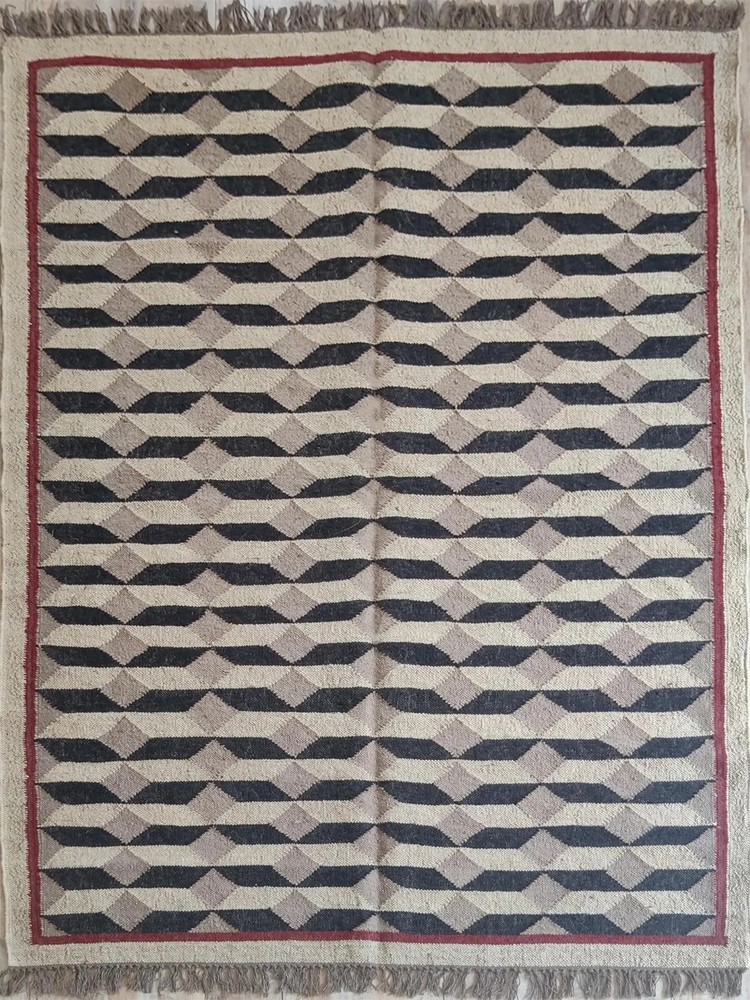 Hand Knotted Wool Rug Color Natural Beige, Taupe, Black, Muted Red Carpet Rug