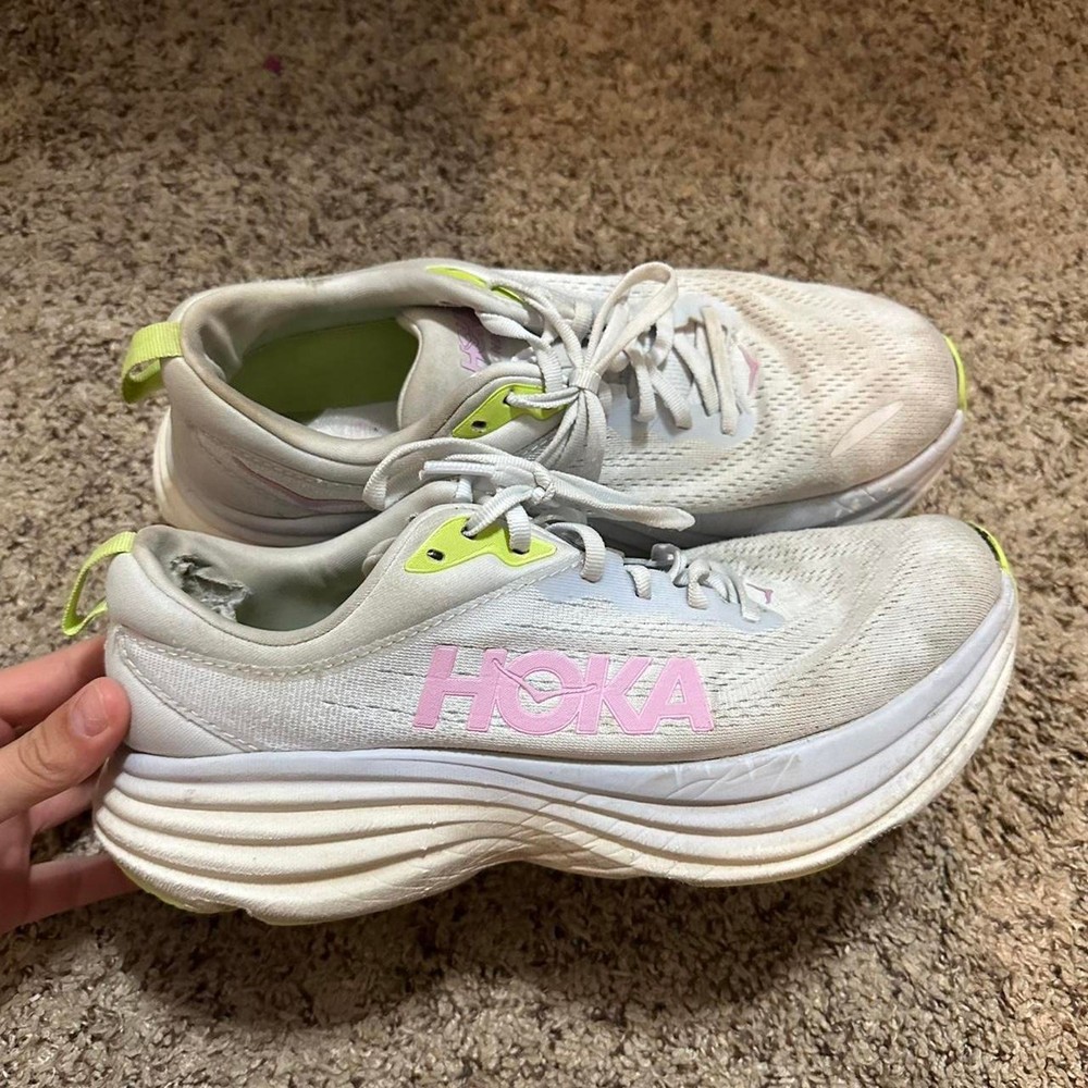 Hoka white and greenpink running