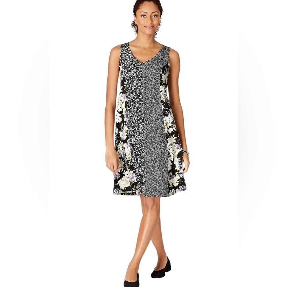 J Jill Wherever Dress Black Spring Floral Patchwork V Neck Womens Small NWOT