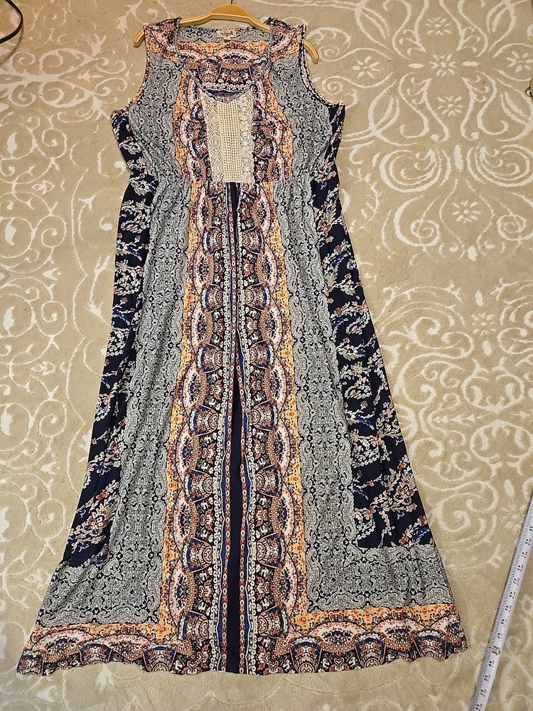 One World Floral Print Knit Maxi Dress Boho Size XL Sleeveless