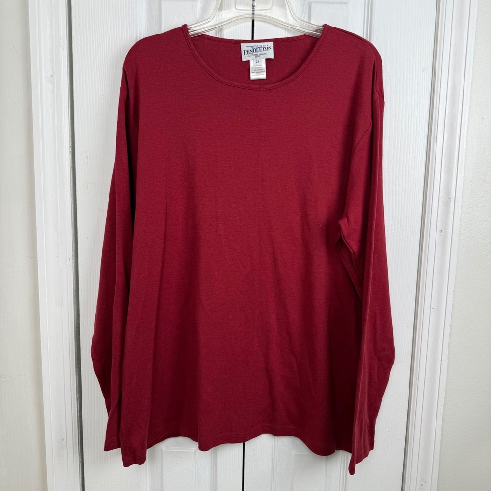Vintage Pendleton Plus Size 2X Red Long Sleeve Crew Neck Cotton Top Shirt Women