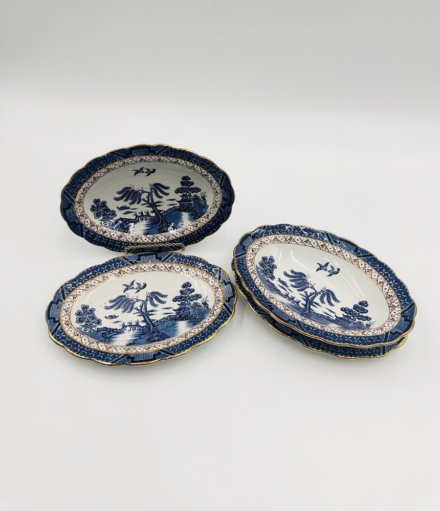Booths Real Old Willow A8025 4 Oval Plates RARE Gold Rim Scalloped England
