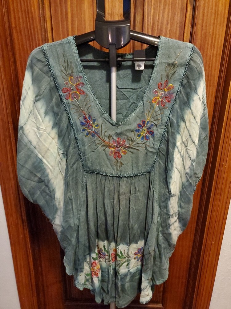 Ace Fashion Womens Free Size Green Tie Dye Embroidered High Low Tunic Top-image