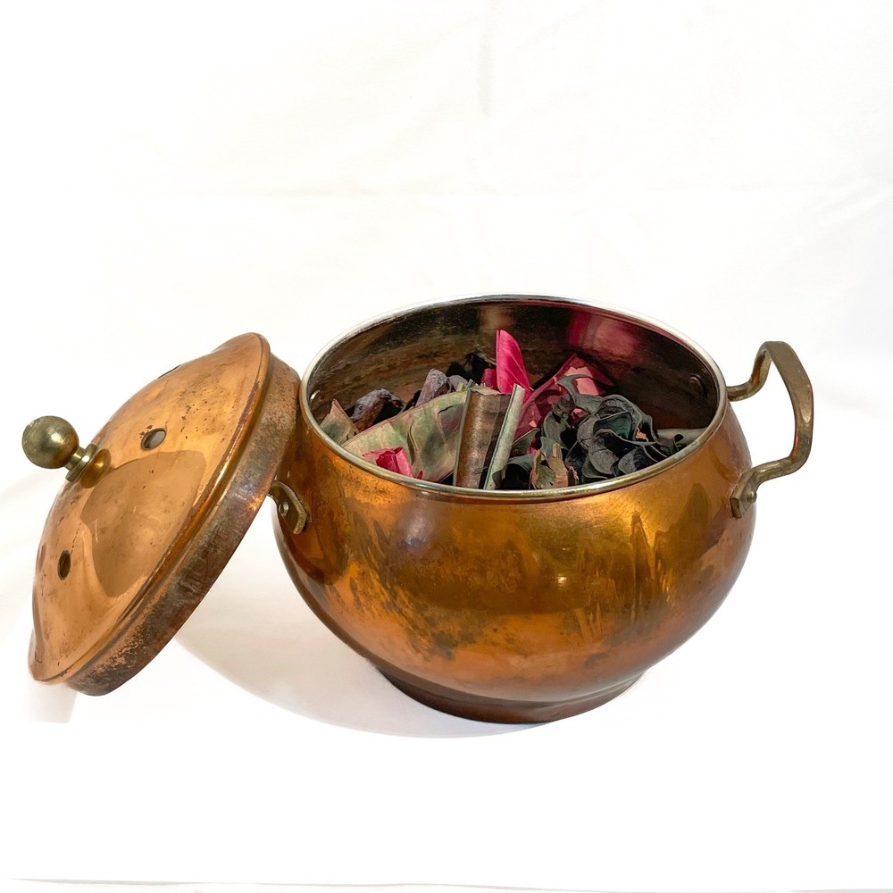Vintage Copper Colored Bowl Brass Handles Incense Pot Potpourri Vented Lid