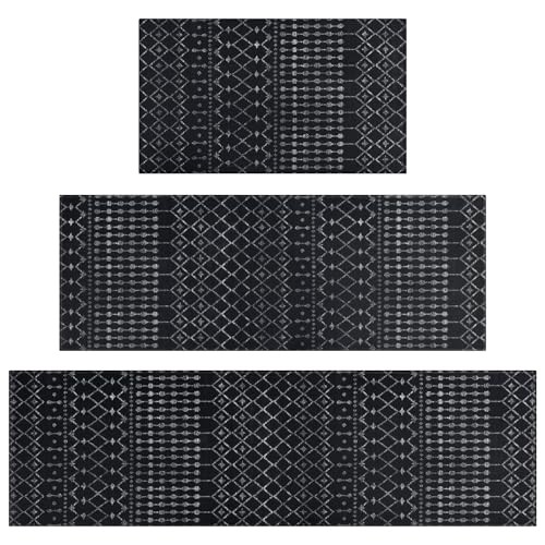 Black Boho Kitchen Rugs Set of 3 Moroccan Modern Farmhouse Mats Non-Slip Washable