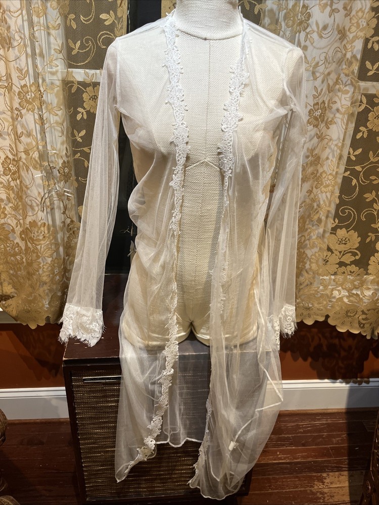 Unbranded Sheer White Mesh Tulle Open Front Long Robe Lace Trim Sz S Bridal