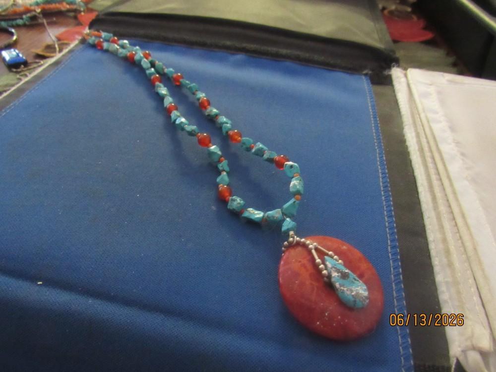 Vintage Sterling Silver Beautiful Coral & Turquoise Beaded Necklace & Pendant