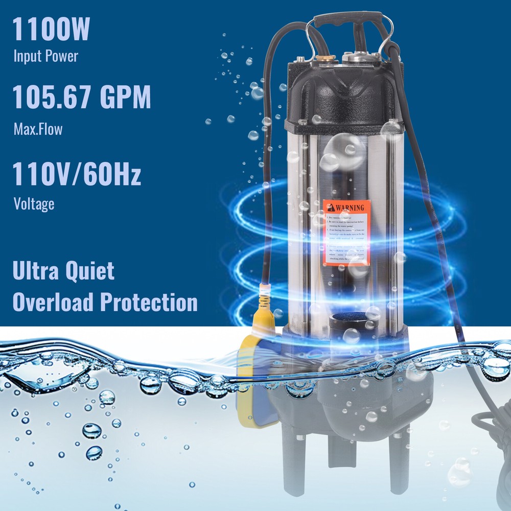 Submersible Sump Pump 1.5HP 1100W Sewage Pump 105.6GPM w/23ft Electric Cord