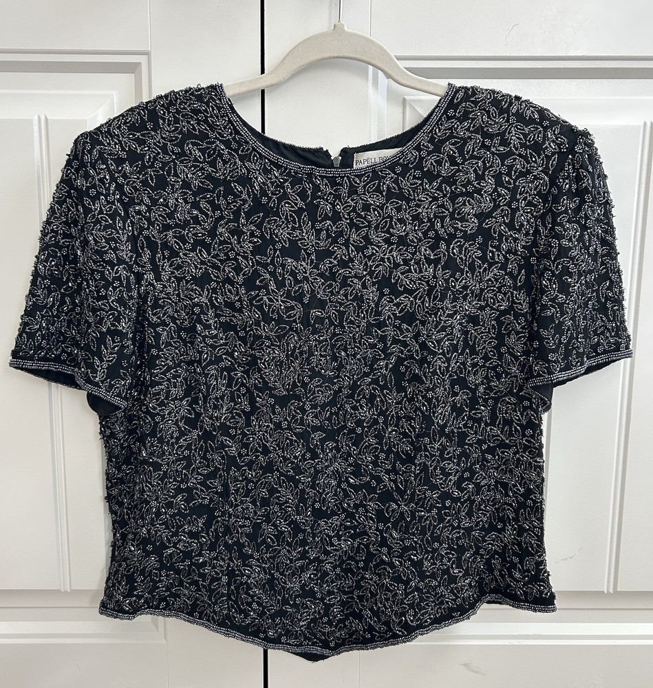 Papell Boutique Beaded 100% Silk Blouse Black Silver Women’s XL Vintage Formal