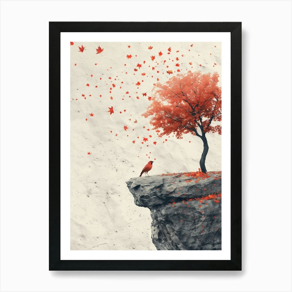 Cliffside Red Tree Framed Wall Art Canvas Print Poster  