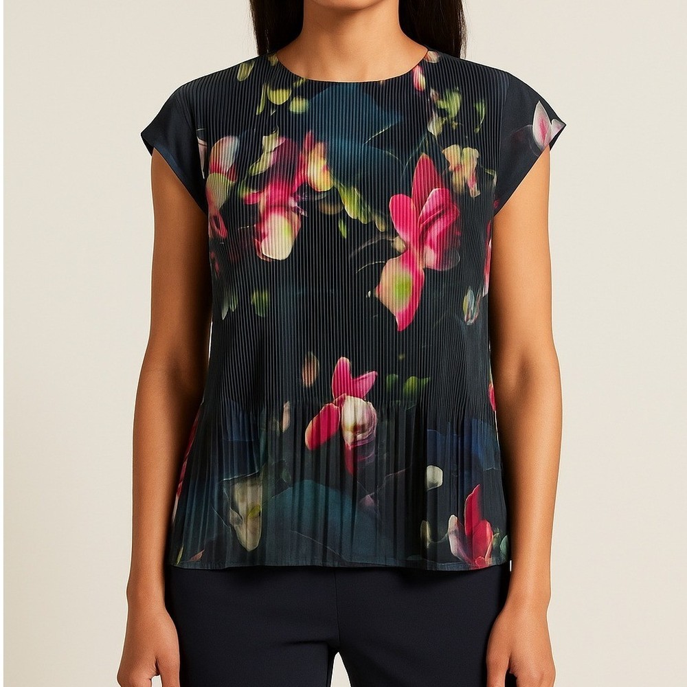 Ted Baker London Womens 2 Small Floral Print Pleated Top Blouse Jewel Tone Chic