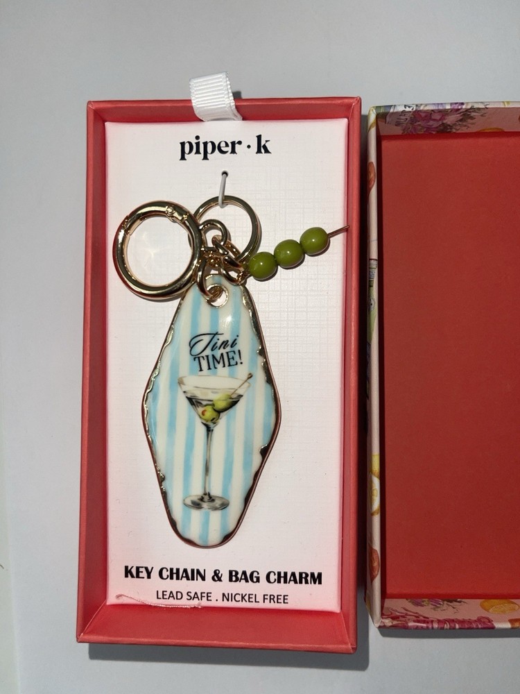 Piper K Tini Time Martini Glass Keychain Bag Charm Blue Stripe Olive Retro NIB