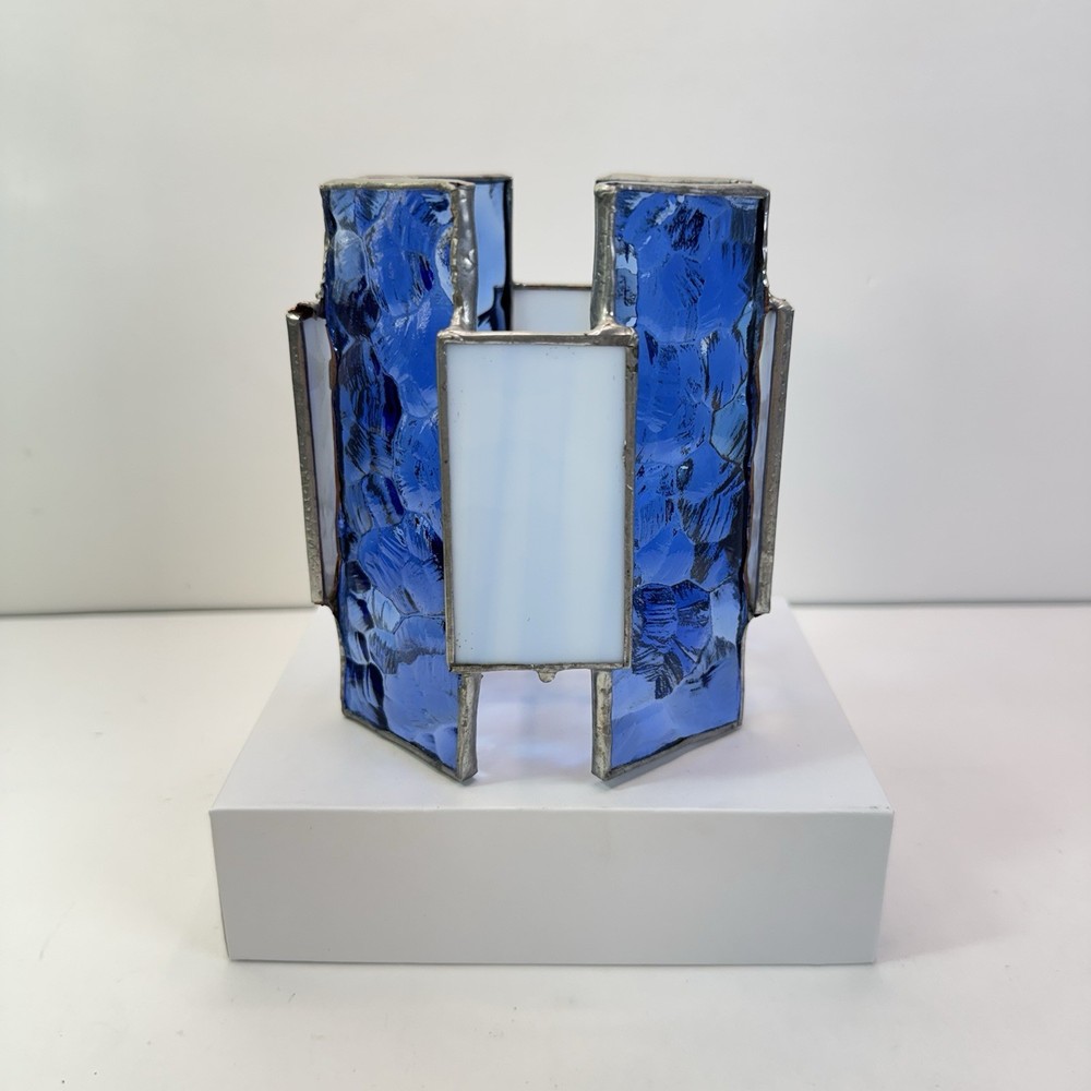 Blue Hand Crafted Beautiful Stained Glass Votive Tea Candle Holder 4.75”