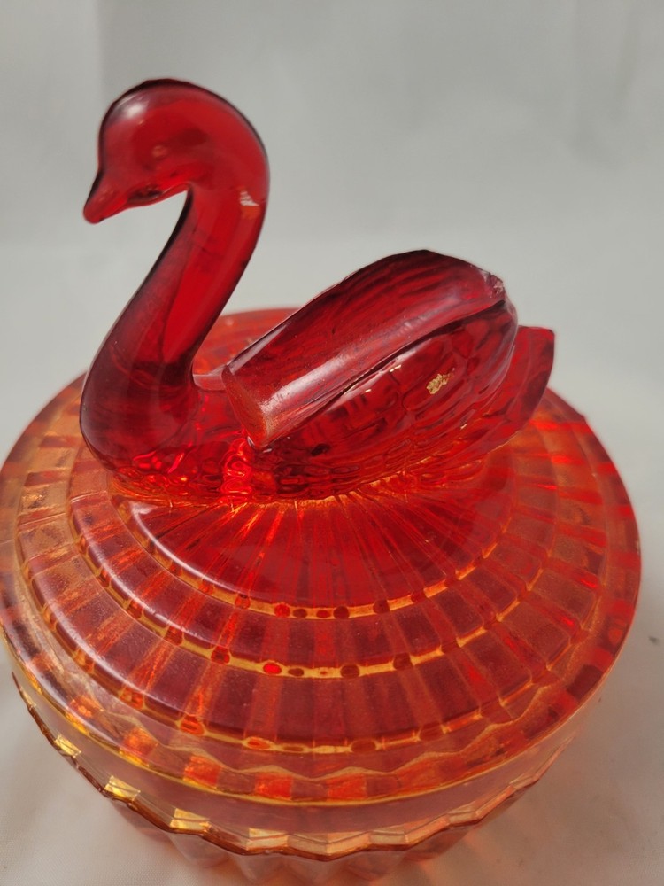 Vintage Jeanette Glass Amberina Glass Swan Candy Dish w/ Lid Ombre Red / Yellow