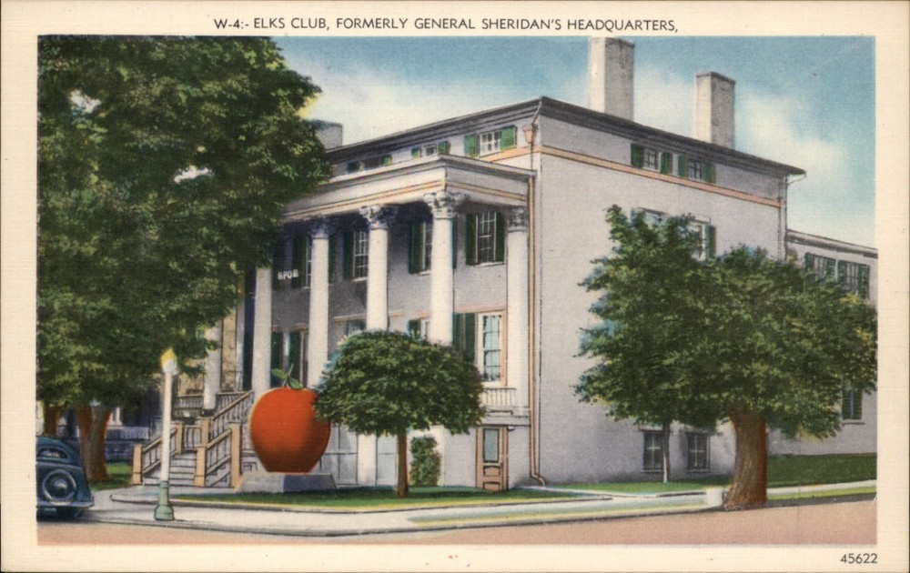 Winchester VA Gen Sheridan's Hdqtrs Civil War Elks Club red apple linen postcard