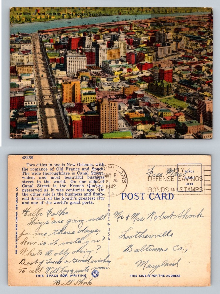 New Orleans, LA-Louisiana, Aerial City Canal Street View Vintage c1942 Postcard