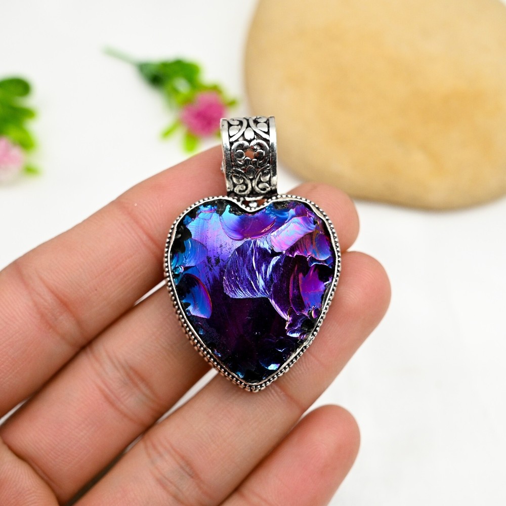 Peacock Druzy Gemstone Heart Pendant 925 Sterling Silver Handmade Jewelry Gift