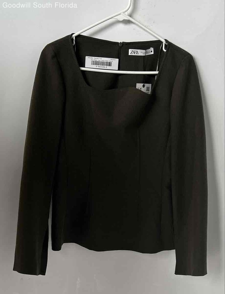 Zara Womens Green Long Sleeve Square Neck Regular Fit Blouse Top Size M With Tag
