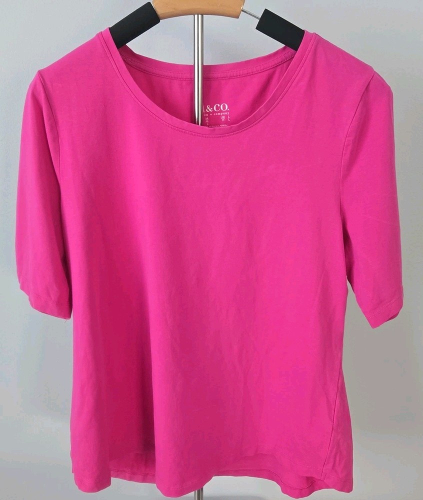 D&Co Denim & Co Womens Pink Scoop Neck Top Medium Bright Pink 3/4 Sleeve Casual