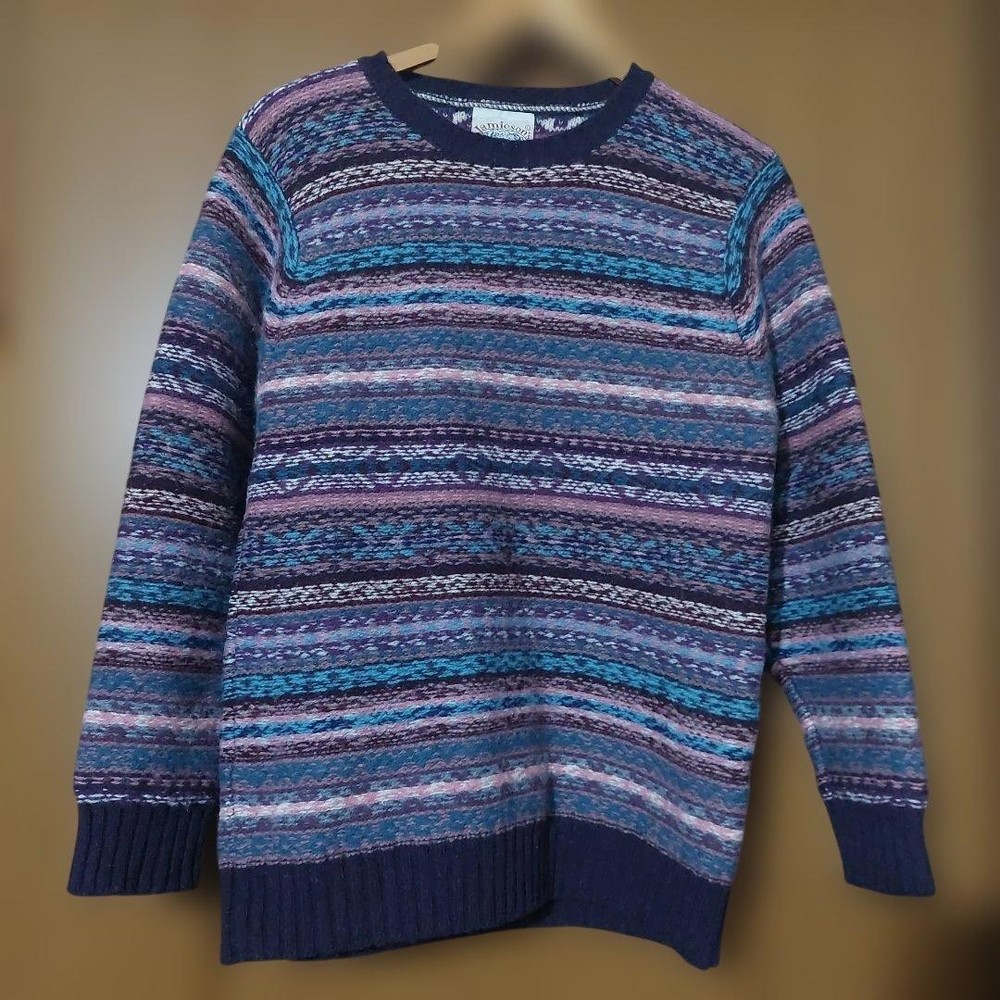 Jamieson’s Fair Isle Knit Sweater Multicolor Purple Sky Blue Pink Mens Size L