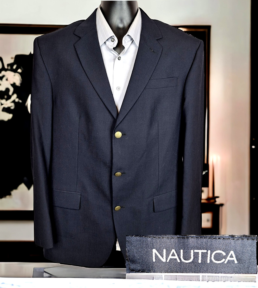 Nautica Sport Coat Blazer Mens 44L Navy 3 Brass Button Wool