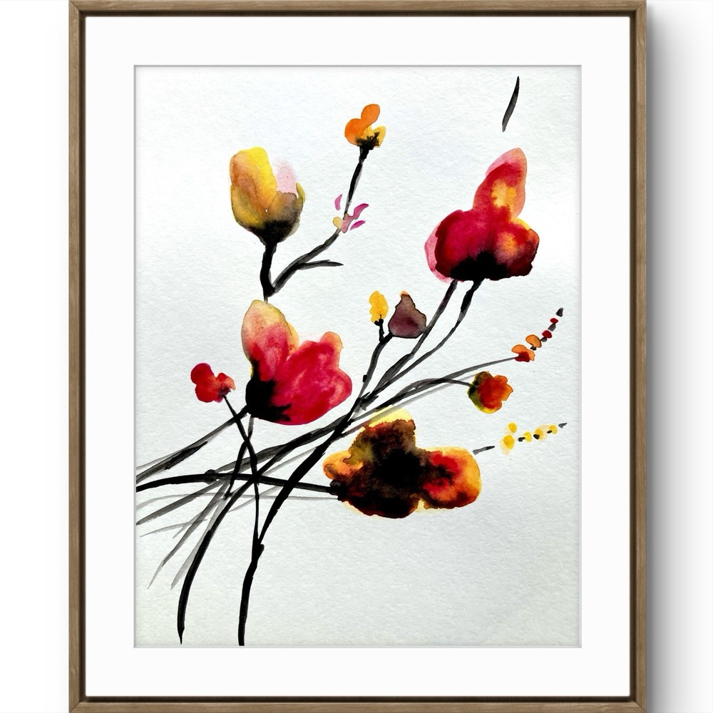 TITA PAINTZ Watercolor Red Flowers Botanical Hand Painted Wall Art 9x12