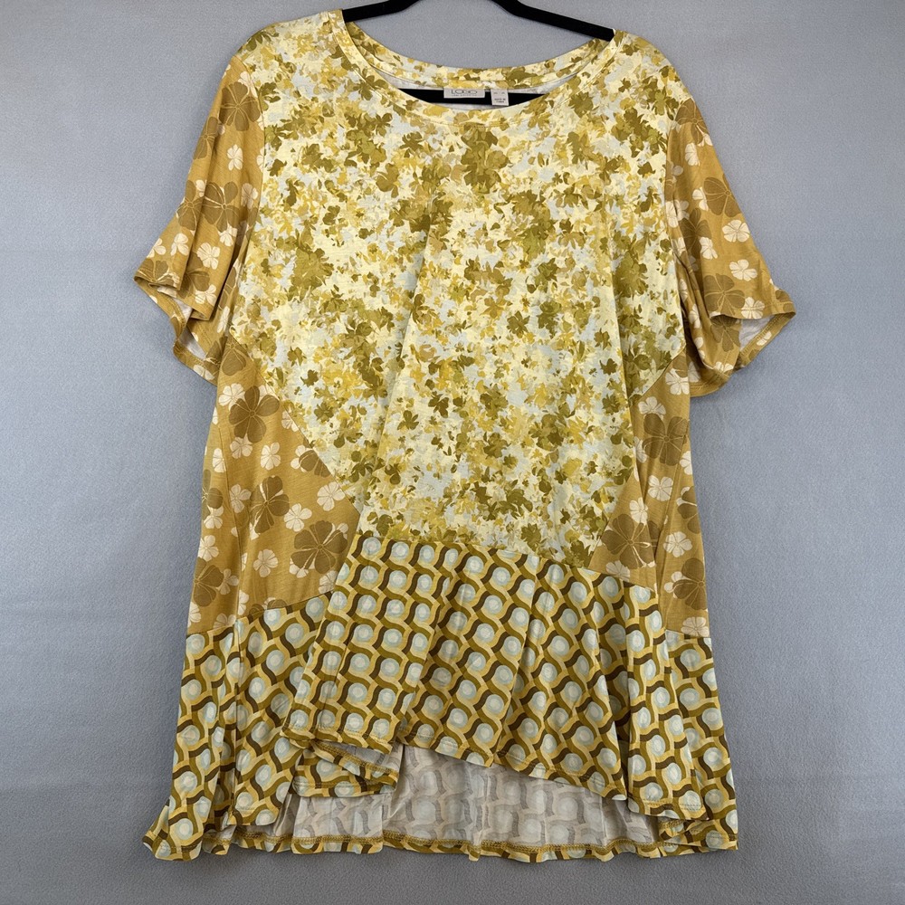 logo by Lori Goldstein Woman’s Mixed Print Knit Blouse Size XL Yellow/gold