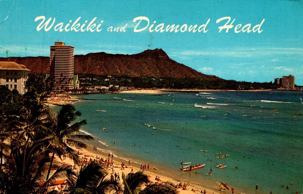 Waikiki Beach Diamond Head Honolulu Hawaii Postcard Posted 1966 People Boats