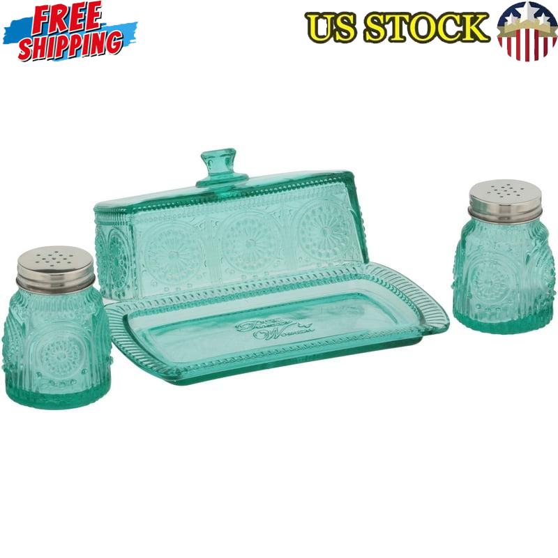 Vintage Adeline Glass Butter Dish with Salt Pepper Shaker Set – Embossed Serveware  