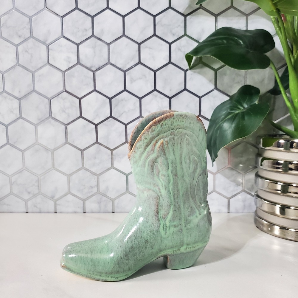 Vintage Pottery Cowboy Boot Vase Aqua Green 5