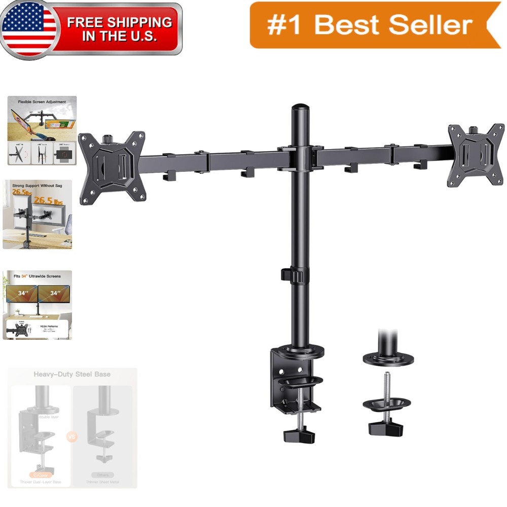 Компактное крепление для стола с двумя мониторами с C-образным зажимом и люверсом - регулируемая конструкция