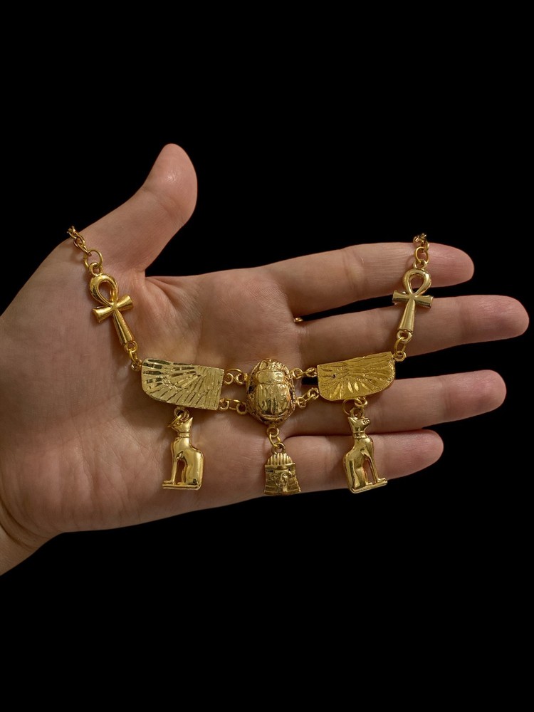 Egyptian Cat Goddess Bastet Necklace made in Egypt with Scarab Beetle and Hathor