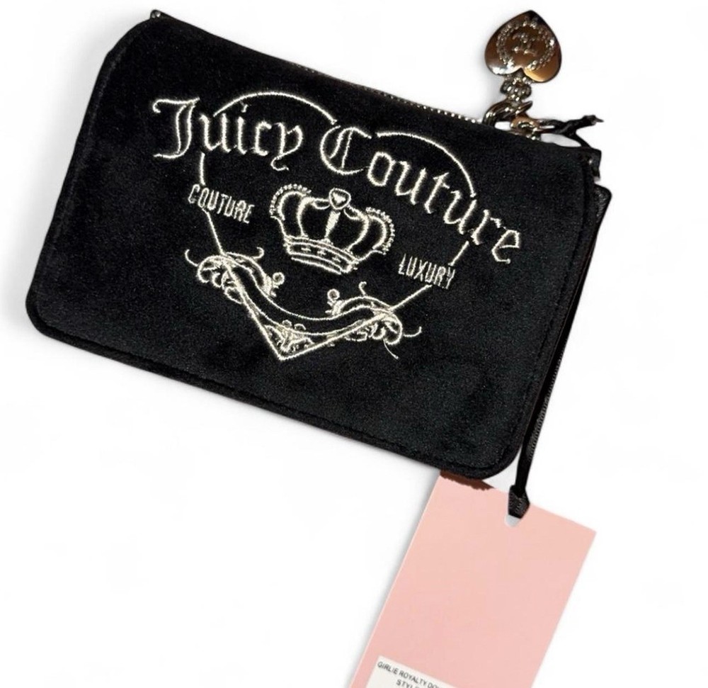 Juicy Couture Black Folding Wallet Crown Logo Heart Charm Card Slots Women