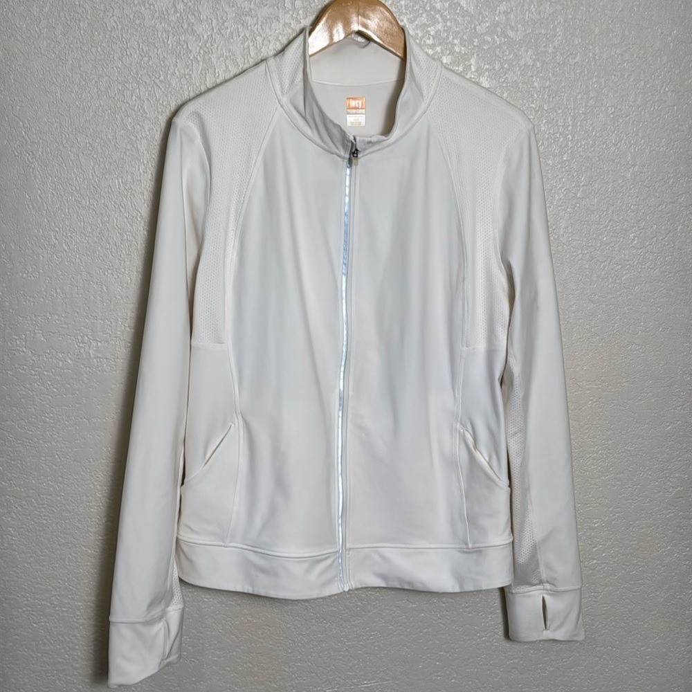 Lucy Tech XL White Jacket Zip Up Thumb Holes Pockets Workout Long Sleeve