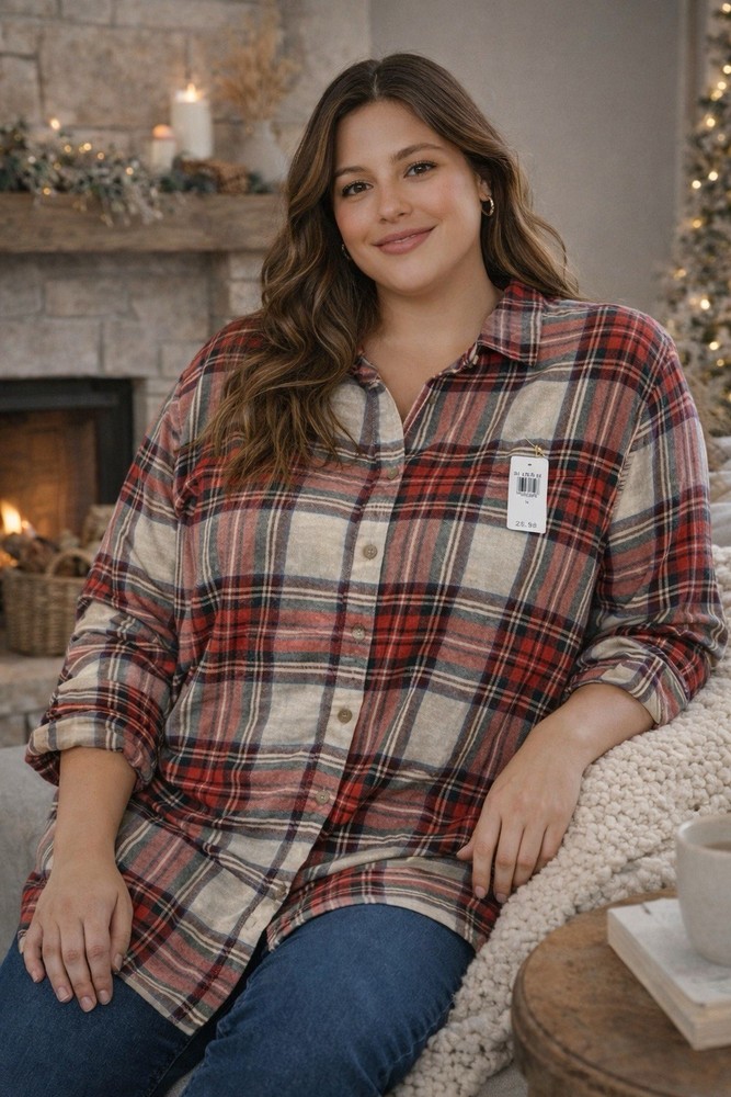 NWT Old Navy Classic Plaid Flannel Shirt Womens 3X 100% Cotton Gorpcore Tan Red
