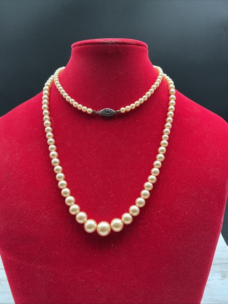 Vintage 1940s Champagne Faux Pearl Necklace with .925 Sterling Silver Clasp
