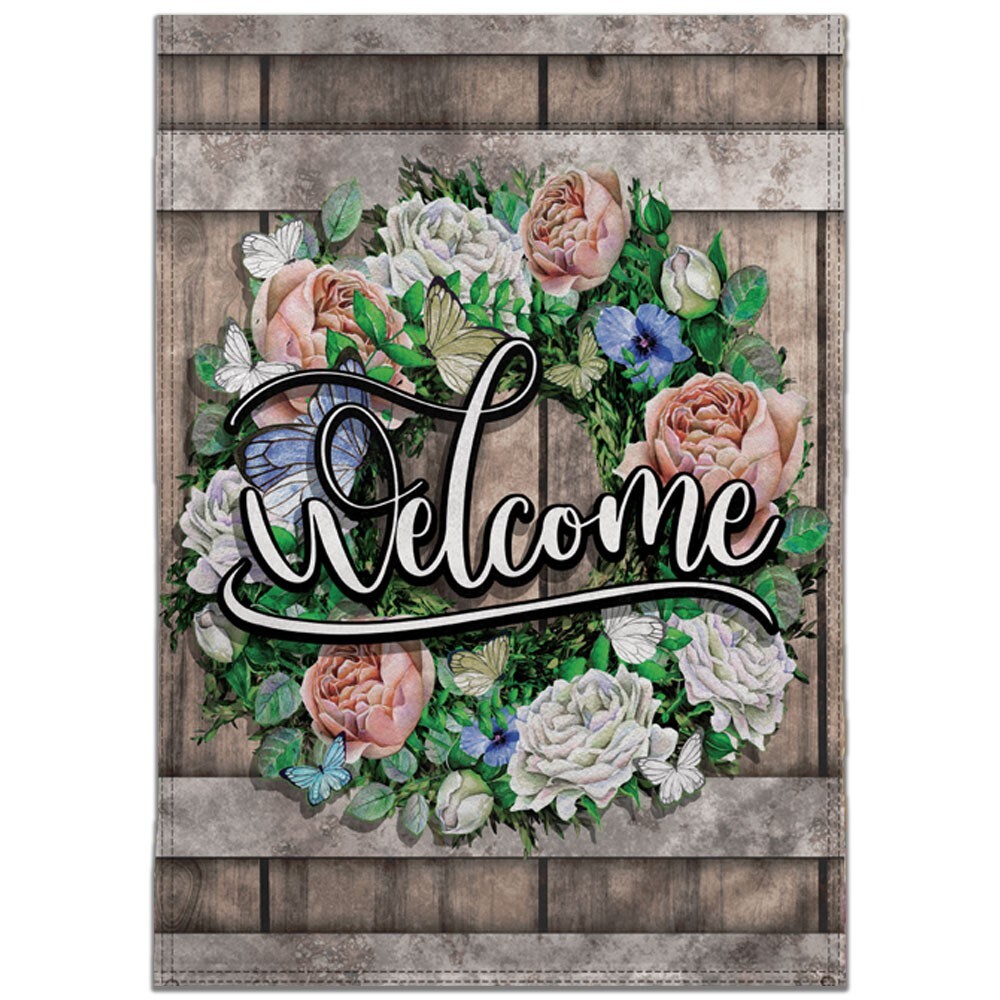 Welcome (Wreath Roses) Garden Flag 12x18in Double-Sided Spring Flag Yard Porch