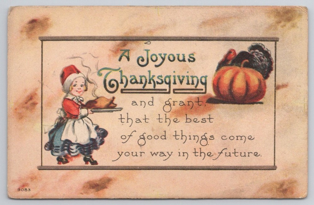 Vintage Thanksgiving Postcard Pilgrim Girl Turkey Pumpkin Ohio Postmarked 1913
