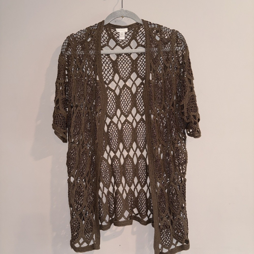 Chicos Womens Size 1  - Taupe Open Knit Crochet Short Sleeve Cardigan Sweater