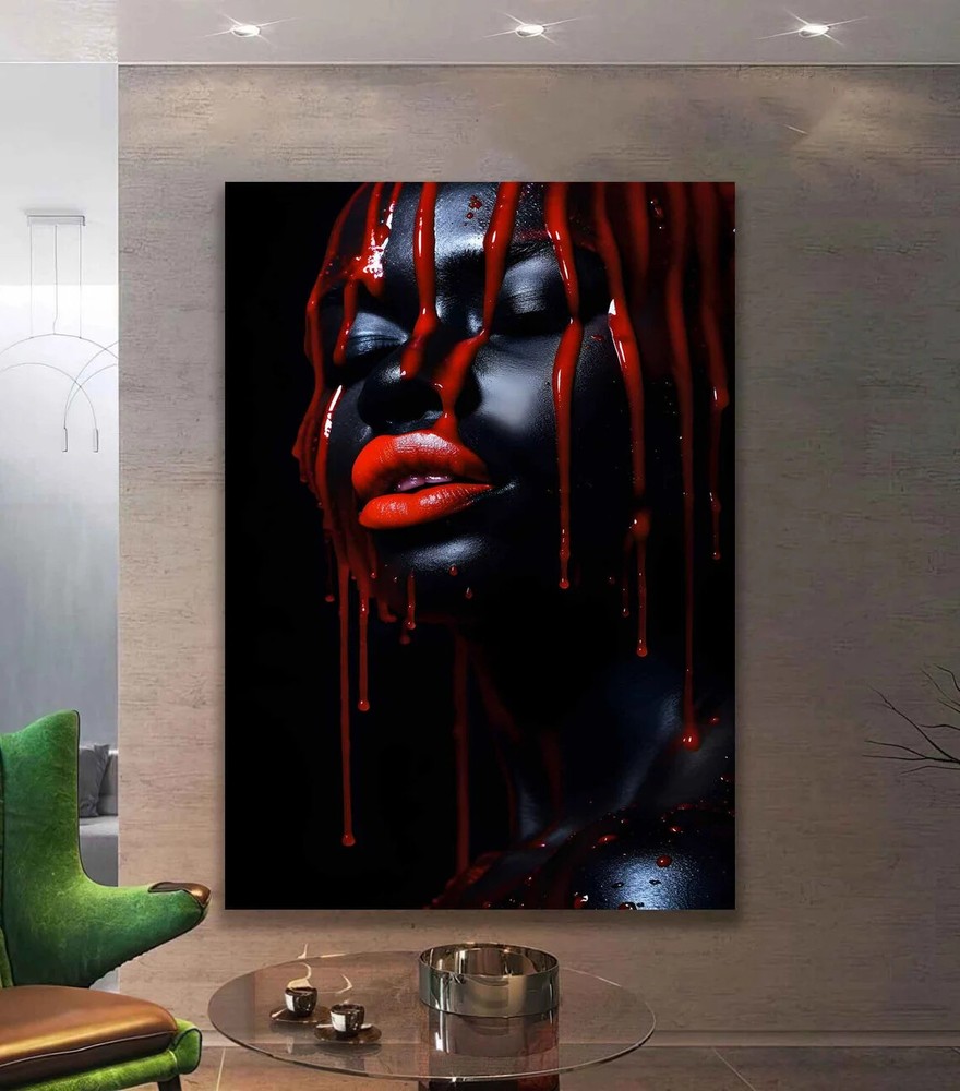 African Woman Red Lips Art, Bloodshed Woman Wall Art Canvas Unframed Print Art