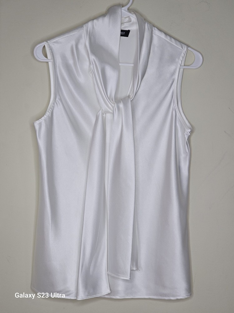 Nine West Women's White Satin Tie Neck V-Neck Sleeveless Blouse Top M